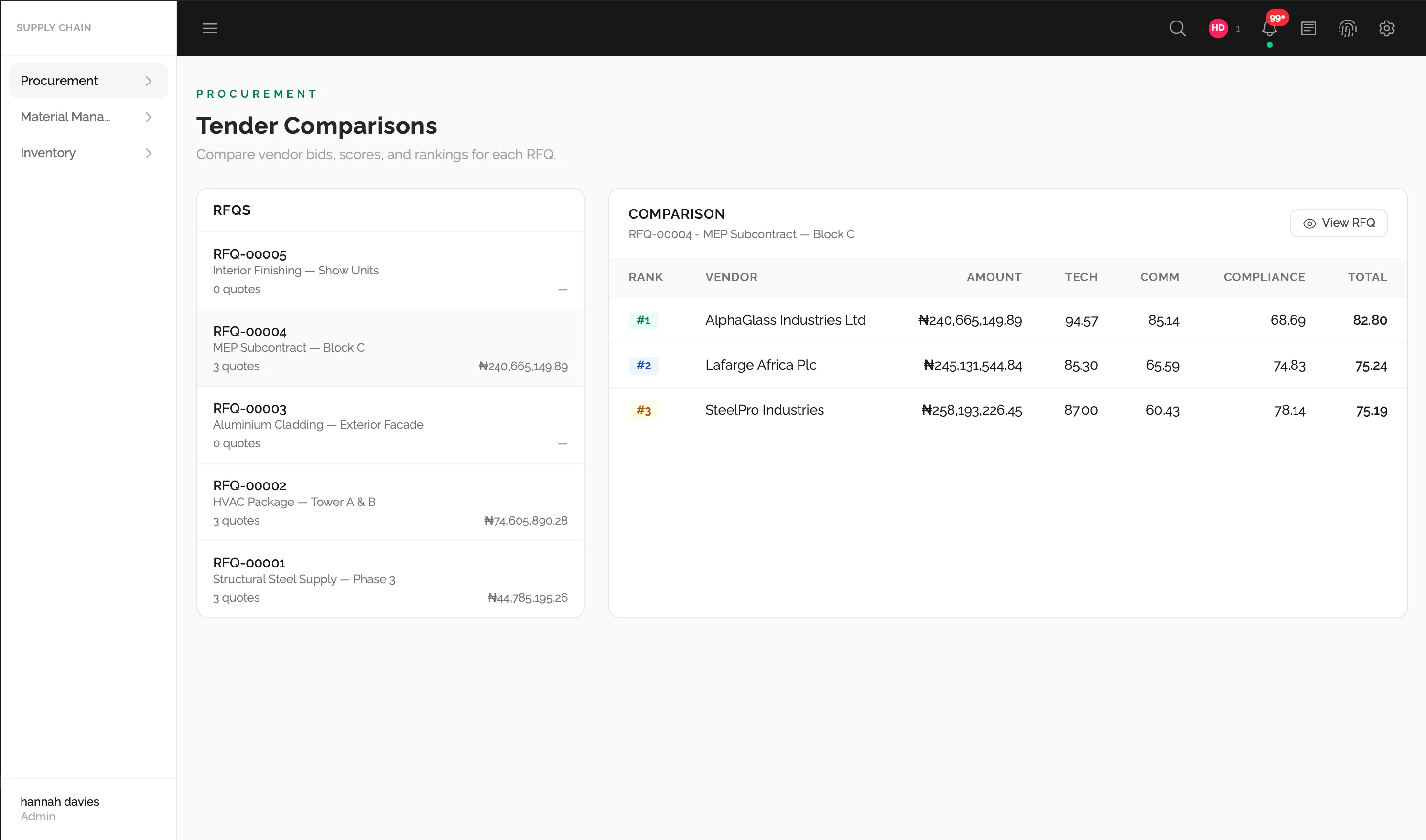 Procurement module screenshot (3 of 6)
